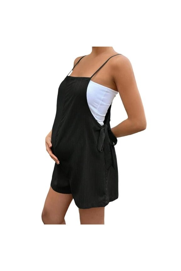 Women's Maternity Overalls Shorts Casual Side Tie Knot Pregnancy Jumpsuits Sleeveless Adjustable Strap Short Romper