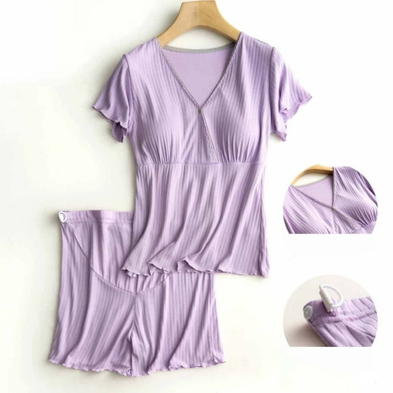 Women's Maternity Pajamas Sets 2 Piece Outfits Short Sleeve Shirts and Biker Shorts Pregnancy Loungewear Mama Clothes Purple XXXL