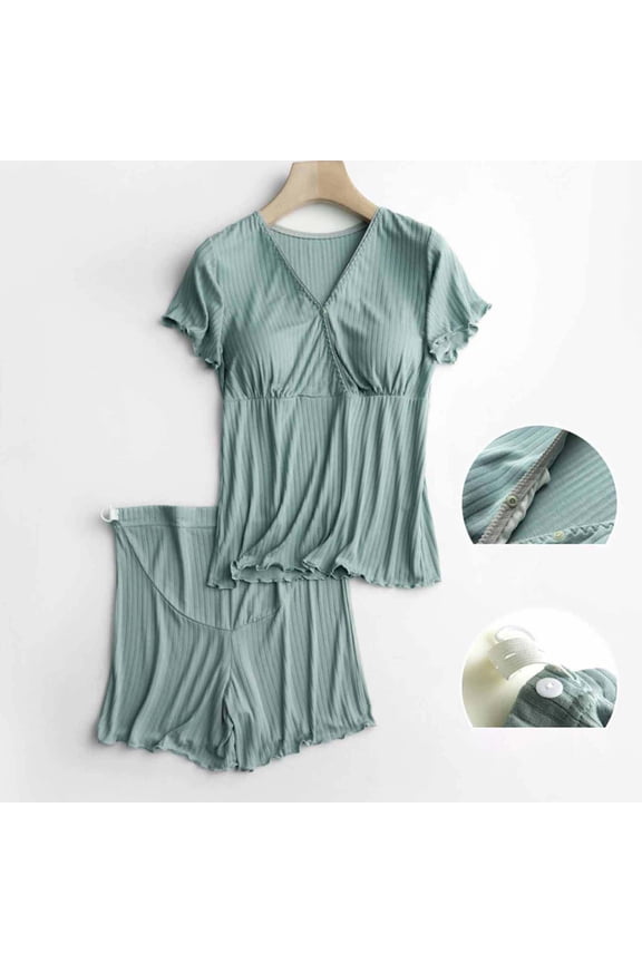 Women's Maternity Pajamas Sets 2 Piece Outfits Short Sleeve Shirts and Shorts Pregnancy Loungewear Comfort Clothes Green L