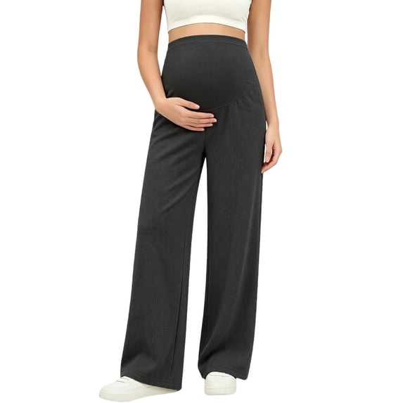 Women's Maternity Pants Over The Belly Support Wide Leg Ribbed Trousers High Waisted Stretch Lounge Pants for Pregnancy Postpartum Comfort Work Casual