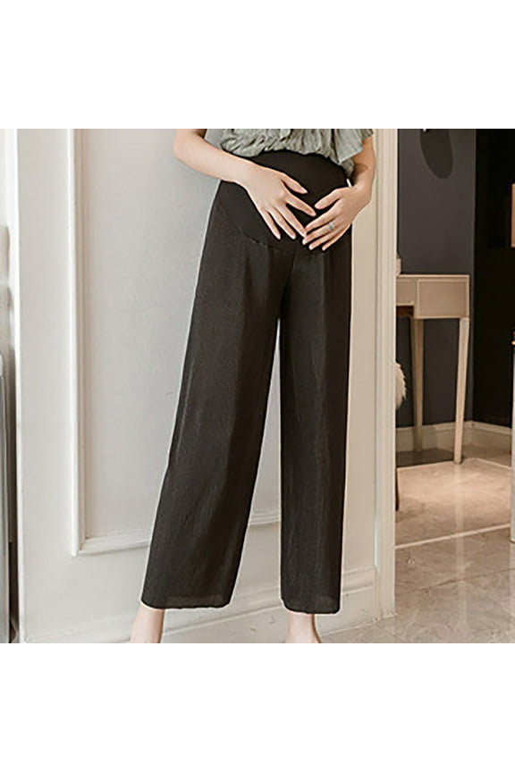 Women's Maternity Pants Casual Loose Wide Leg Cozy Pant Pregnancy Palazzo Lounge Trousers with Pockets Black L
