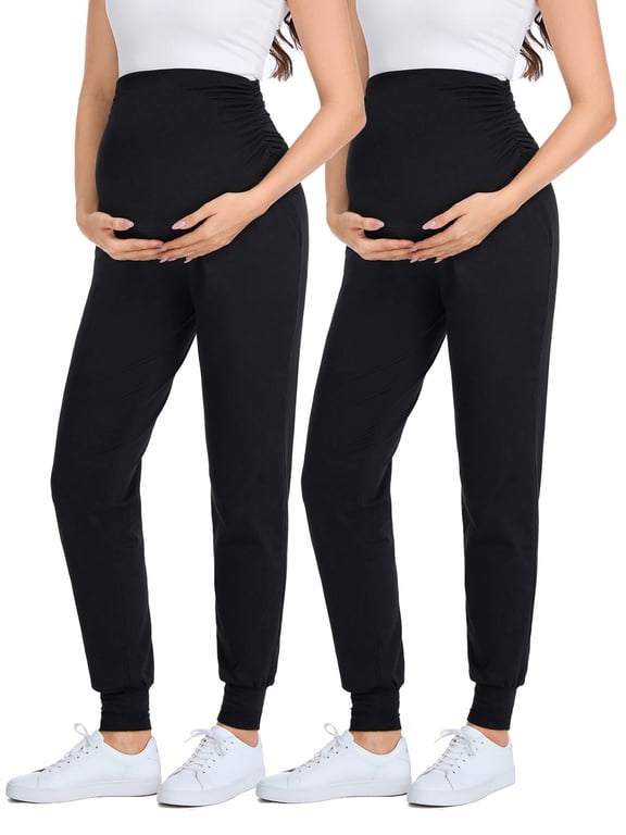 Women's Maternity Pants Casual Maternity Activewear Pregnancy Sweatpants with Pockets 2 Pack
