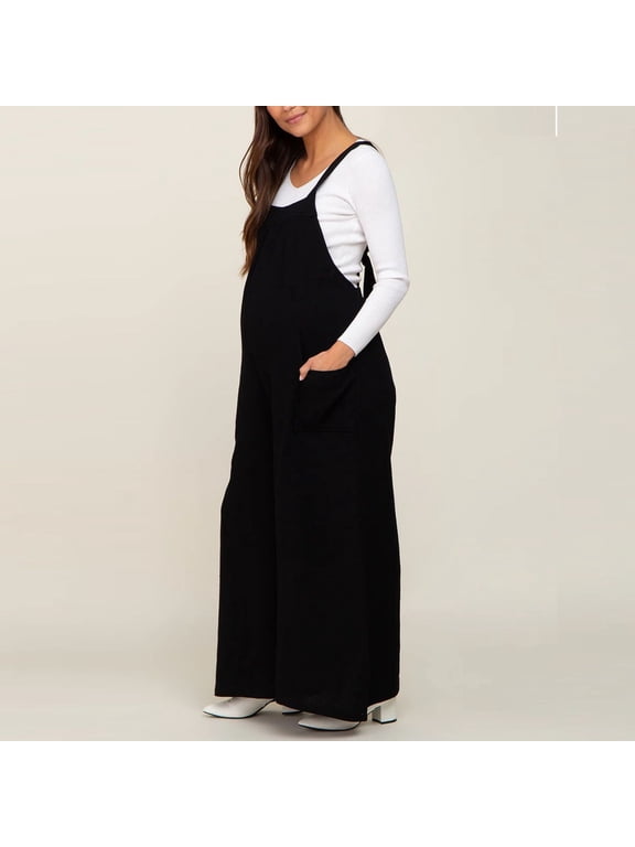 Women's Maternity Pants Overalls Casual Loose Wide Leg Cozy Pant Pregnancy Palazzo Lounge Trousers with Pockets Black M