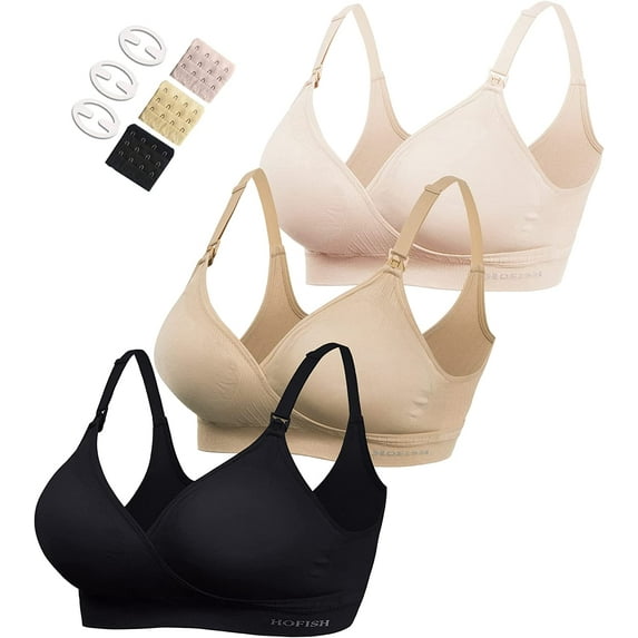 Women's Maternity Pregnancy Seamless Breastfeeding Bras No Underwire Multi 3 Pack, S Beige Black Pink, Small