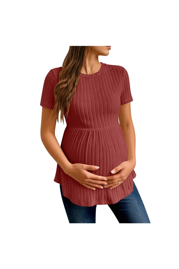 Women's Maternity Ribbed Knit Top, Short Sleeve Crew Neck Ruffle Hem Flowy Peplum Tee,Red,XXL