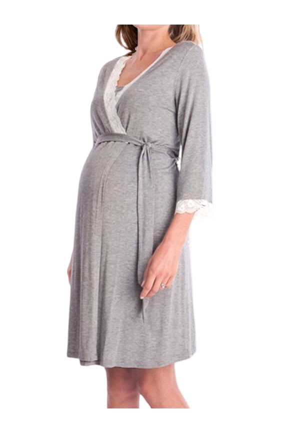 Women's Maternity Robe Pregnancy Breastfeeding Bathrobes Labor Delivery Nightgowns Dark Gray L