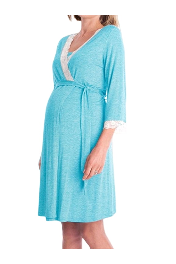 Women's Maternity Robe Pregnancy Breastfeeding Bathrobes Labor Delivery Nightgowns Light Blue L
