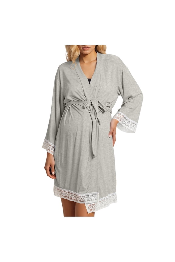 Women's Maternity Robes V Neck Lace Nursing Robe Nightgown Long Sleeve Pregnancy Bathrobes Gown