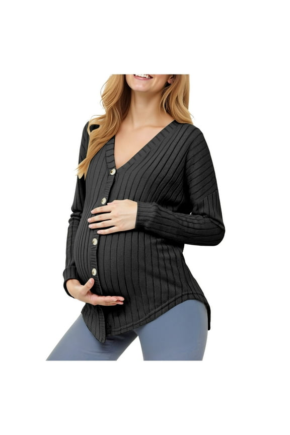 Women's Maternity Shirts Button Down Lightweight Sweaters Top Fall Winter Maternity Clothes V Neck Knits Cardigan Black M