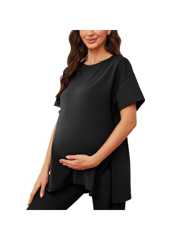 Women’s Maternity Shirts Casual Crew Neck Mama Clothes Split Side Pregnancy Tee Tops Short Sleeve Womens Oversized Pregnancy Tops,Black,2XL