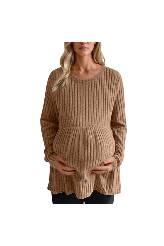 Women's Maternity Shirts Casual Long Sleeve Ribbed Knit Pregnancy Tee Top Spring Fall Textured Tunic Tops