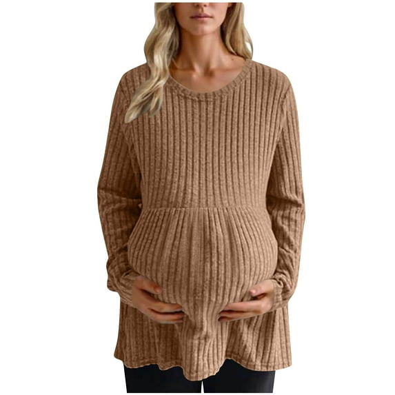 Women's Maternity Shirts Casual Long Sleeve Ribbed Knit Pregnancy Tee Top Spring Fall Textured Tunic Tops