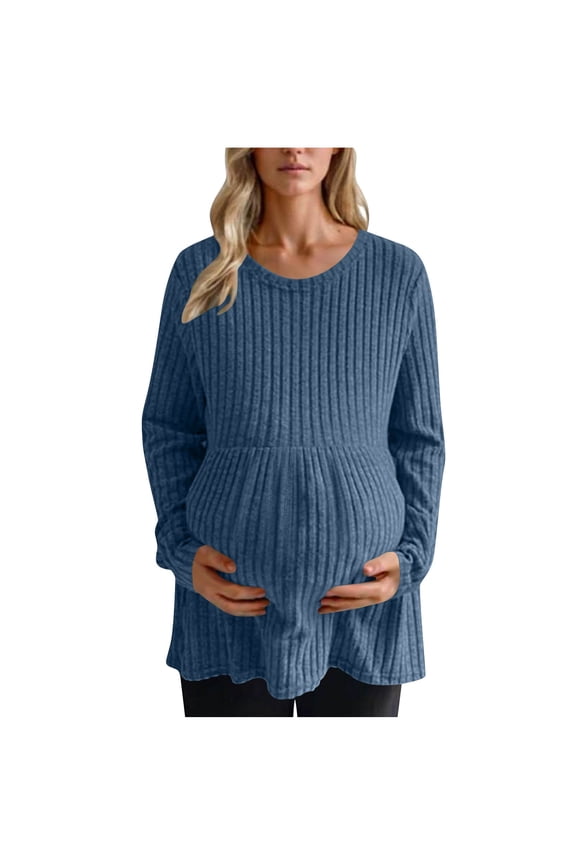 Women's Maternity Shirts Casual Long Sleeve Ribbed Knit Pregnancy Tee Top Spring Fall Textured Tunic Tops
