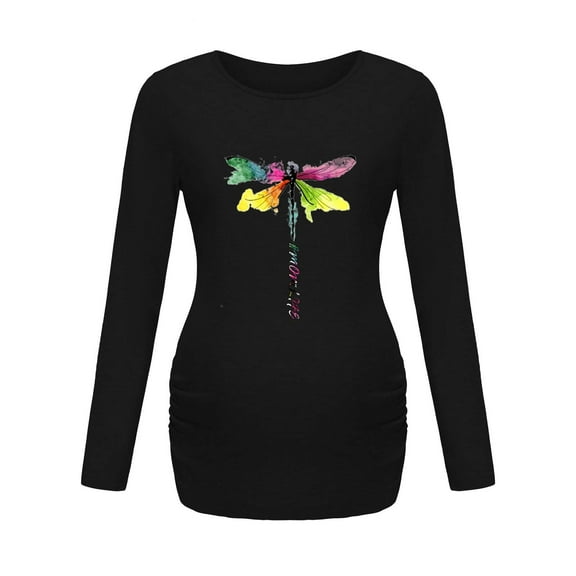 Women's Maternity Shirts Casual Long Sleeve Round Neck Button Side Ruched Pregnancy Clothes Black M