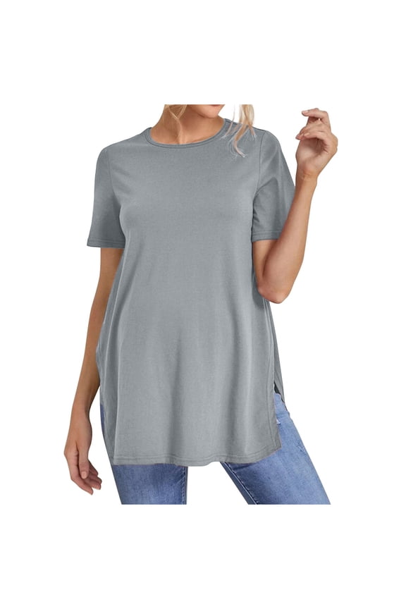 Women's Maternity Shirts Short Sleeve Pregnancy Tops Blouses Split Side Casual Crewneck Pregnant Tunic Tee Gray S