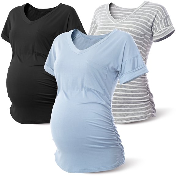 Women's Maternity Shirts Short Sleeve Pregnancy Tops Ruched Side 3 Pack,Black&Blue&Stripe-2XL