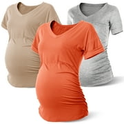 SUNNYBUY Women's Maternity Shirts Short Sleeve Pregnancy Tops Ruched Side 3 Pack,Gray&Khaki&Orange-S