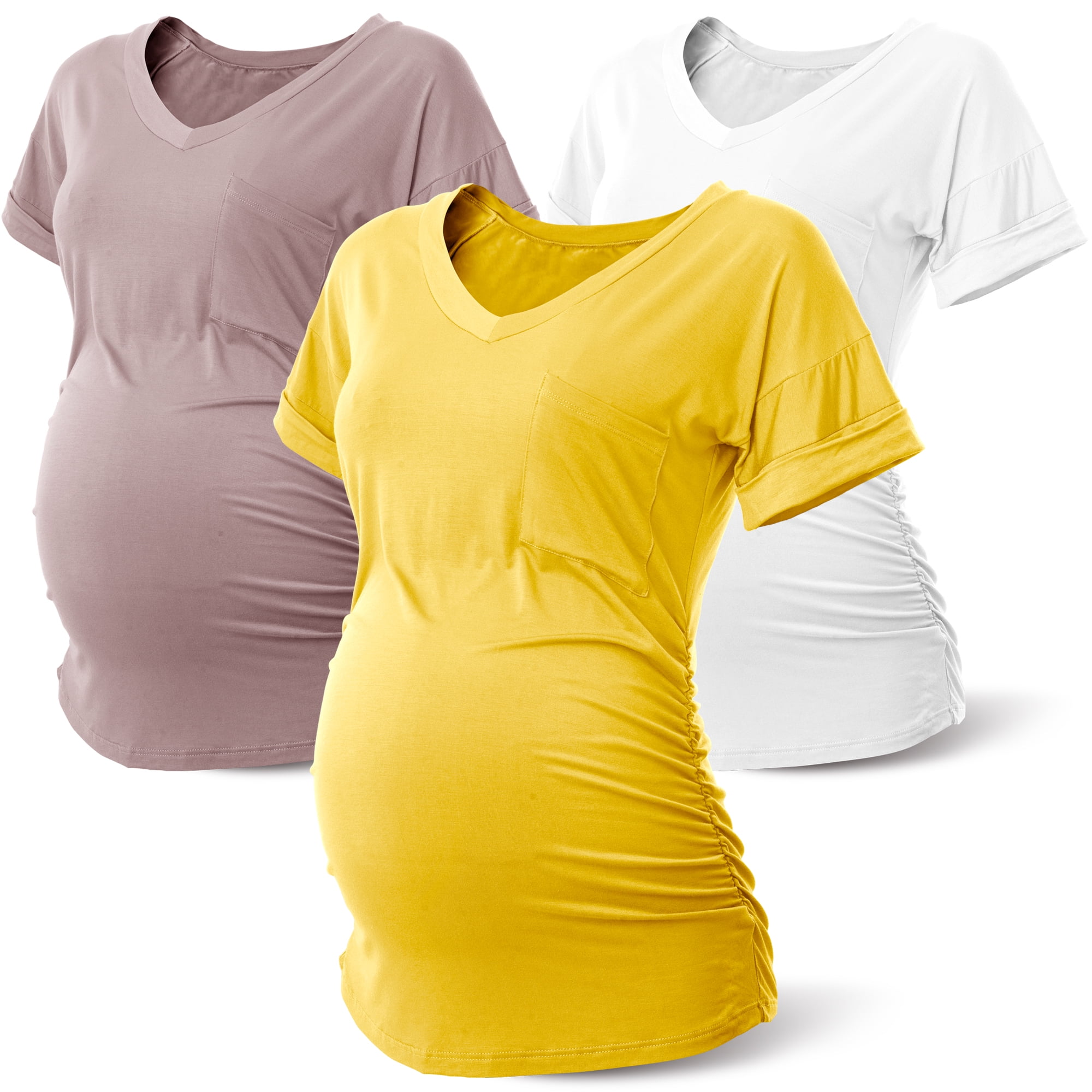 Women's Maternity Shirts Short Sleeve Pregnancy Tops Ruched Side 3 Pack,White&Yellow&PurpleM