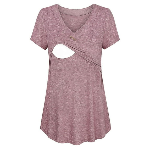 Women's Maternity Shirts Short Sleeves Nursing Tops Double Laye Breastfeeding Tees Pregnancy Clothes, Size XL