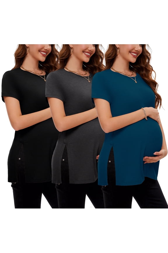 Women's Maternity Shirts Tops Split Hem Ribbed Maternity Pregnancy Clothes 3-Pack