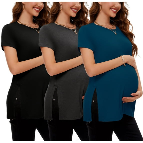 Women's Maternity Shirts Tops Split Hem Ribbed Maternity Pregnancy Clothes 3-Pack