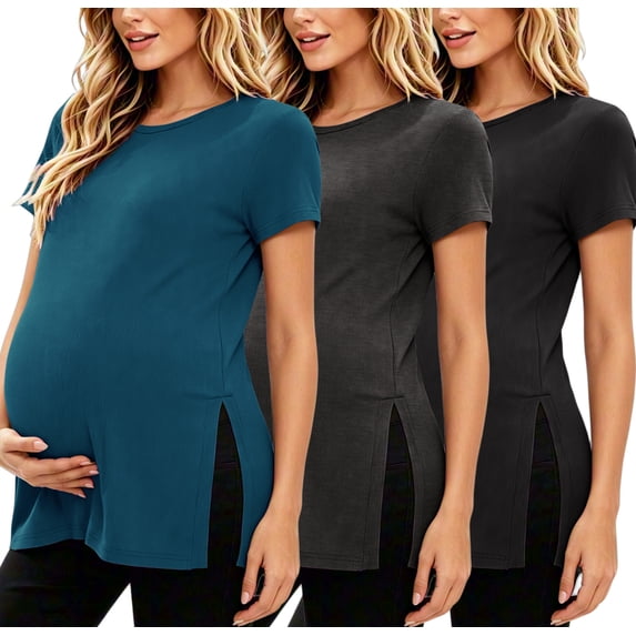 Women's Maternity Shirts Tops Split Hem Ribbed Maternity Pregnancy Clothes 3-Pack