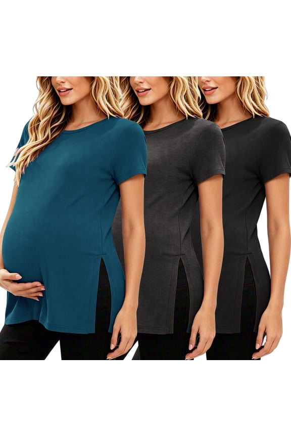Women's Maternity Shirts Tops Split Hem Ribbed Maternity Pregnancy Clothes 3-Pack