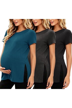 Women's Maternity Shirts Tops Split Hem Ribbed Maternity Pregnancy Clothes 3-Pack