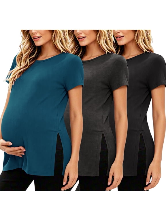 Women's Maternity Shirts Tops Split Hem Ribbed Maternity Pregnancy Clothes 3-Pack