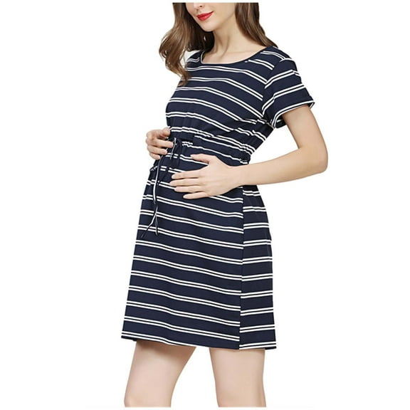 Women's Maternity Short Sleeve Ruffle Dress Crew Neck Summer Casual Smocked Midi Dress for Baby Shower Photoshoot Dark Blue XXXL