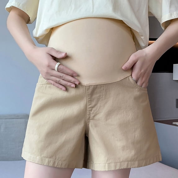 Women's Maternity Shorts Over Belly Pregnancy Summer Comfy Lounge Loose Short Pants with Pockets Khaki L