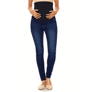 Women s Maternity Skinny Jean Stretch Denim Pants with Full Panel Over Belly Waistband Slim Fit Dark Blue