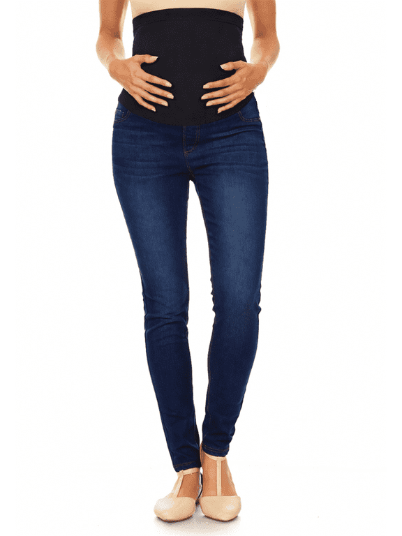 Women’s Maternity Skinny Jean Stretch Denim Pants with Full Panel Over Belly Waistband Slim Fit Dark Blue