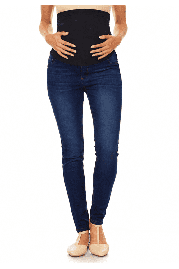 Women’s Maternity Skinny Jean Stretch Denim Pants with Full Panel Over Belly Waistband Slim Fit Dark Blue