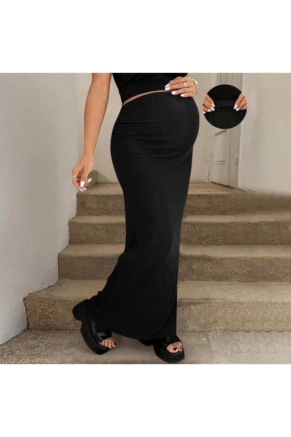 Women's Maternity Skirt High Waisted Adjustable Pregnancy Over the Belly Bodycon Long Skirts Black S