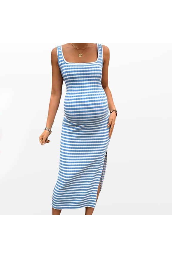 Women's Maternity Sleeveless Tank Dresses Pregnancy Cotton Square Neck Side Ruching Slit Bodycon Striped Midi Dress for Daily Wearing or Baby Shower Blue XL