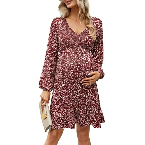 Women's Maternity Smocked Long Sleeve Ruffle Dress V Neck Fall Casual Flowy Midi Dress