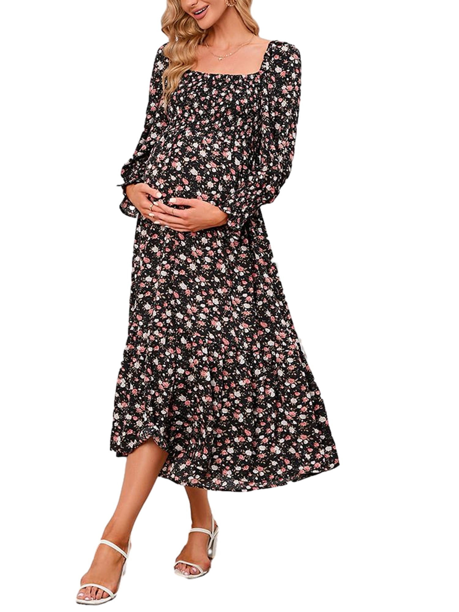 Women's Maternity Square Neck Flutter Strap Long Sleeve Dress