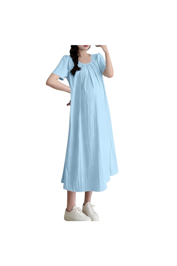 Women's Maternity Summer Dress Short Sleeve Crew Neck Dress Casual Loungewear Dress Nightgown,XXL,Blue