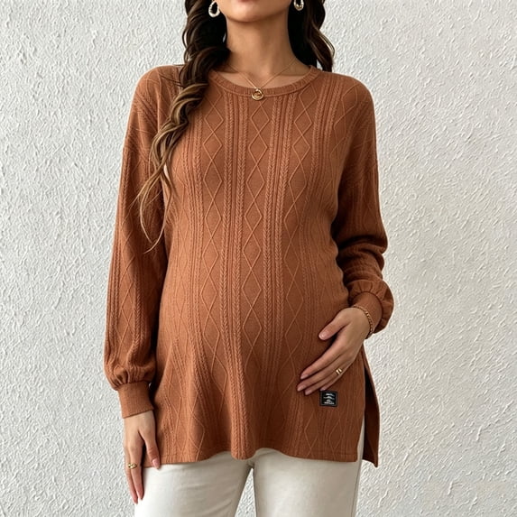 Women's Maternity Sweaters Long Sleeve Textured Knit Pullover Tops Crewneck Side Slit Pregnancy Clothes Casual Fall Winter Cozy Jumper Bump Friendly