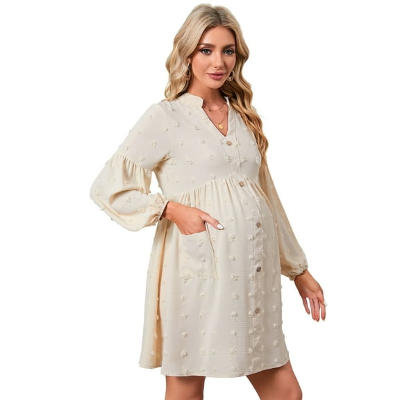 Women's Maternity Swiss Dot Dress V Neck Long Sleeve Button Down Mini Dress with Pockets