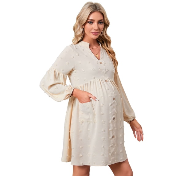 Women's Maternity Swiss Dot Dress V Neck Long Sleeve Button Down Mini Dress with Pockets