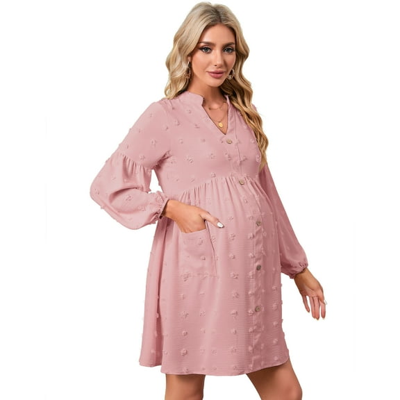 Women's Maternity Swiss Dot Dress V Neck Long Sleeve Button Down Mini Dress with Pockets