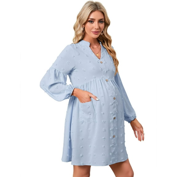 Women's Maternity Swiss Dot Dress V Neck Long Sleeve Button Down Mini Dress with Pockets