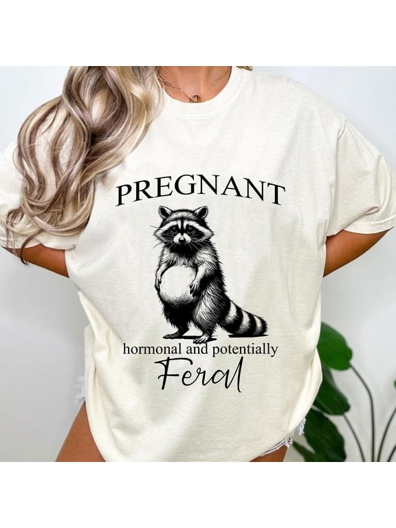 Women’s Maternity T-Shirt, Pregnant Raccoon Funny Feral Graphic Tee, Bun in the Oven Shirt, Gift for Pregnant Wife or Mom-To-Be, Sizes S–5XL