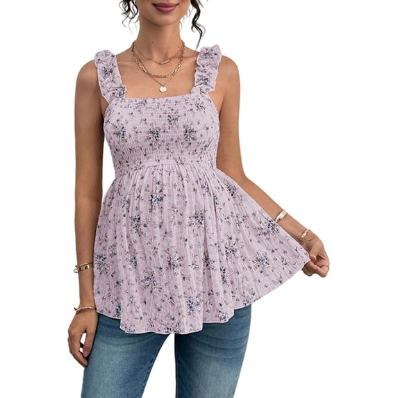 Women's Maternity Tank Tops Floral Babydoll Top Square Neck Smocked Peplum Blouse Shirts XL