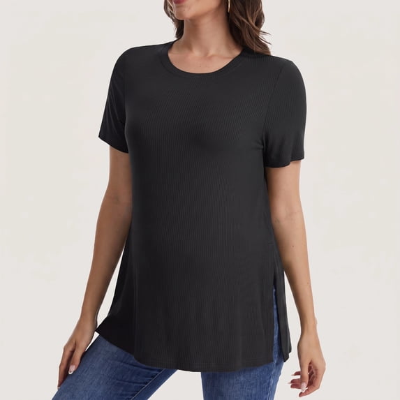 Women's Maternity Tops Crewneck Short Sleeve Shirts Casual Loose Tunic Tops Split Hem Ribbed Summer Blouses Pregnancy Clothes