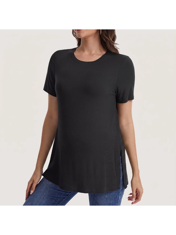 Women's Maternity Tops Crewneck Short Sleeve Shirts Casual Loose Tunic Tops Split Hem Ribbed Summer Blouses Pregnancy Clothes