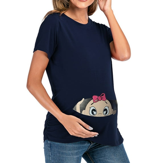 Women's Maternity Tops Cute Printed Short Sleeve Side Ruched Maternity Tunic T-Shirt Casual Plus Size Pregnancy Clothes
