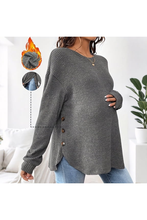 Women's Maternity Tops Long Sleeve Crew Neck Ribbed Knit Slim Fitted Blouse Side Ruched Pregnancy Shirts Gray M